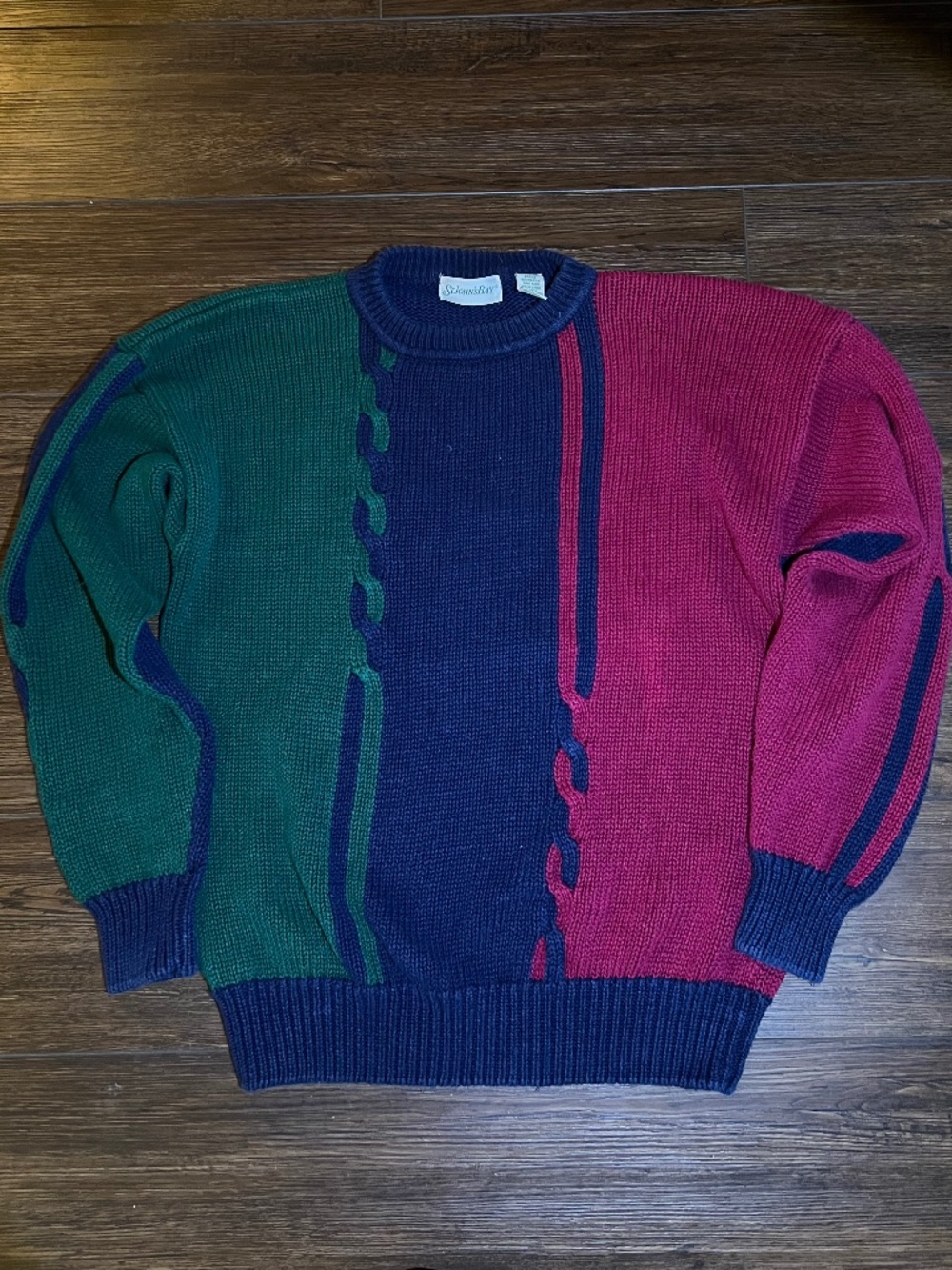Vintage 90s St. John's Bay Colorblock Cable Knit Crew Sweater Chunky Knit L